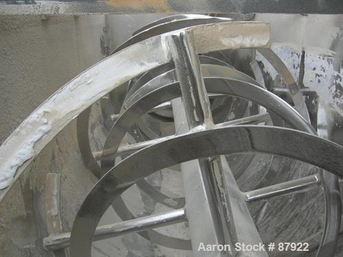 USED: Ribbon blender, 214 cubic feet working capacity, 321 stainless steel. Dimple jacketed trough 54" wide x 143-1/4" long x approximately 57" deep, no rating. 8" diameter shaft, inner ribbon 2-1/2"...