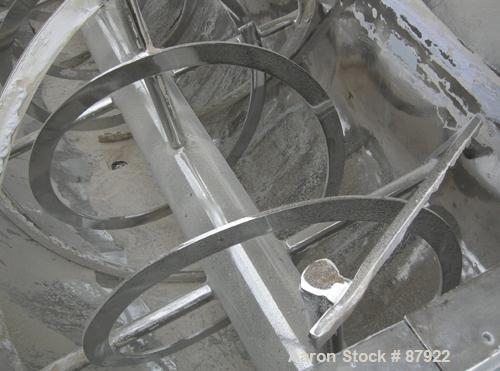USED: Ribbon blender, 214 cubic feet working capacity, 321 stainless steel. Dimple jacketed trough 54" wide x 143-1/4" long x approximately 57" deep, no rating. 8" diameter shaft, inner ribbon 2-1/2"...