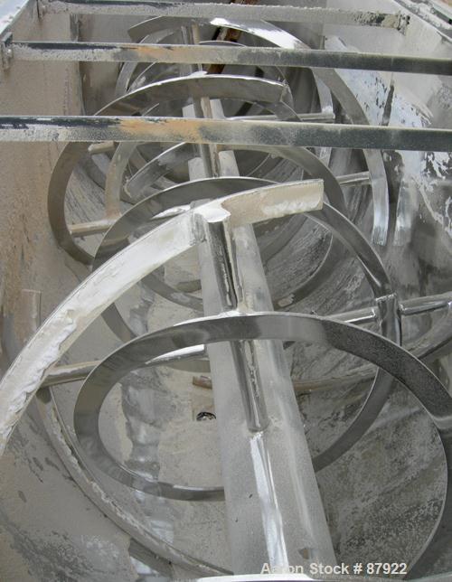 USED: Ribbon blender, 214 cubic feet working capacity, 321 stainless steel. Dimple jacketed trough 54" wide x 143-1/4" long x approximately 57" deep, no rating. 8" diameter shaft, inner ribbon 2-1/2"...