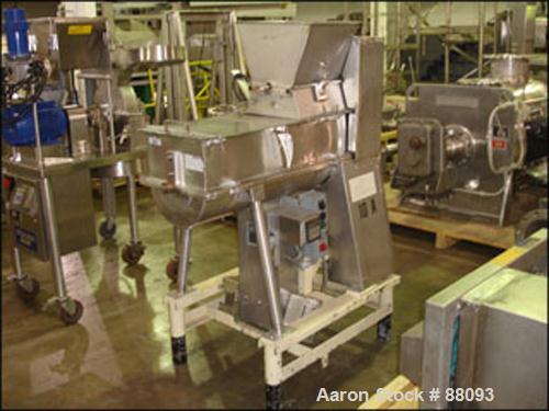 USED: Ribbon blender, 3.5 cubic foot, stainless steel. 13.5" wide x 38" long trough, double ribbon with top mounted lump breaker and cover, 3" bottom end discharge,approximate 33 1/4" discharge heigh...