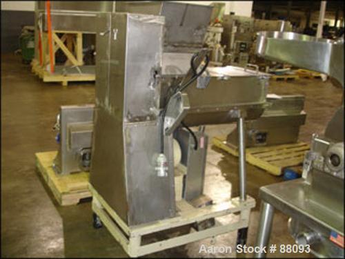 USED: Ribbon blender, 3.5 cubic foot, stainless steel. 13.5" wide x 38" long trough, double ribbon with top mounted lump breaker and cover, 3" bottom end discharge,approximate 33 1/4" discharge heigh...