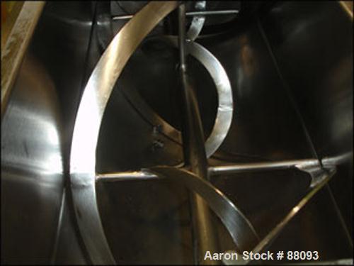 USED: Ribbon blender, 3.5 cubic foot, stainless steel. 13.5" wide x 38" long trough, double ribbon with top mounted lump breaker and cover, 3" bottom end discharge,approximate 33 1/4" discharge heigh...