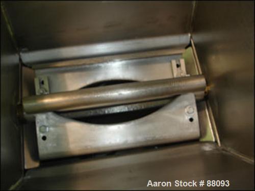 USED: Ribbon blender, 3.5 cubic foot, stainless steel. 13.5" wide x 38" long trough, double ribbon with top mounted lump breaker and cover, 3" bottom end discharge,approximate 33 1/4" discharge heigh...