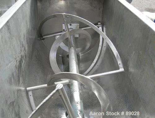 USED: Ribbon Blender, 23 cubic feet working capacity, 304 stainless steel. Dimple jacketed trough 26" wide x 66" long x approximately 28" deep, no rating. 2-1/2" diameter shaft, inner ribbon 2" wide ...
