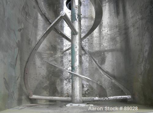 USED: Ribbon Blender, 23 cubic feet working capacity, 304 stainless steel. Dimple jacketed trough 26" wide x 66" long x approximately 28" deep, no rating. 2-1/2" diameter shaft, inner ribbon 2" wide ...