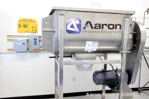 Used Aaron Process IMB-15 Ribbon Blender, 15 cubic feet capacity. Constructed of stainless steel material on all product contact areas, all external stiffeners, legs, ribs and supports. Inside trough...