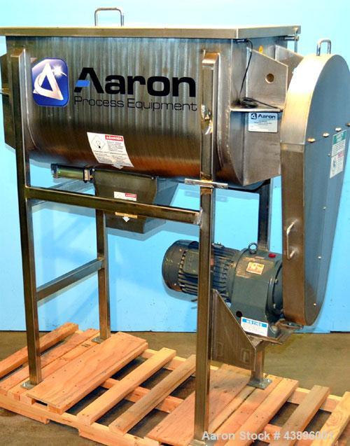 Used Aaron Process IMB-15 Ribbon Blender, 15 cubic feet capacity. Constructed of stainless steel material on all product contact areas, all external stiffeners, legs, ribs and supports. Inside trough...