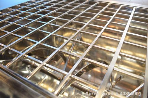 Used Aaron Process IMB-15 Ribbon Blender, 15 cubic feet capacity. Constructed of stainless steel material on all product contact areas, all external stiffeners, legs, ribs and supports. Inside trough...