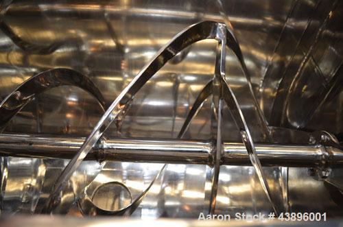 Used Aaron Process IMB-15 Ribbon Blender, 15 cubic feet capacity. Constructed of stainless steel material on all product contact areas, all external stiffeners, legs, ribs and supports. Inside trough...