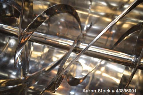 Used Aaron Process IMB-15 Ribbon Blender, 15 cubic feet capacity. Constructed of stainless steel material on all product contact areas, all external stiffeners, legs, ribs and supports. Inside trough...