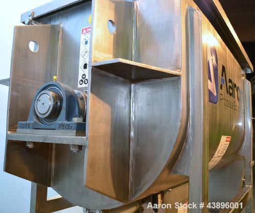 Used Aaron Process IMB-15 Ribbon Blender, 15 cubic feet capacity. Constructed of stainless steel material on all product contact areas, all external stiffeners, legs, ribs and supports. Inside trough...