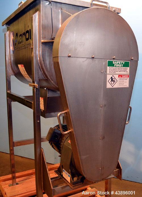 Used Aaron Process IMB-15 Ribbon Blender, 15 cubic feet capacity. Constructed of stainless steel material on all product contact areas, all external stiffeners, legs, ribs and supports. Inside trough...