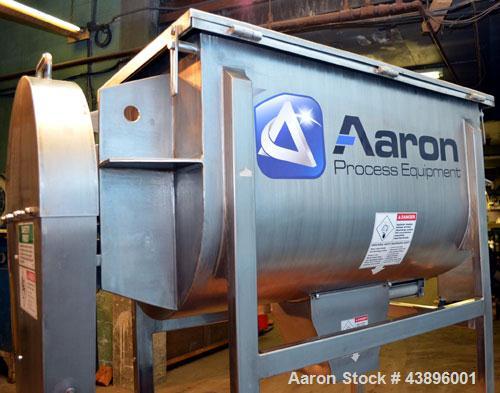 Used Aaron Process IMB-15 Ribbon Blender, 15 cubic feet capacity. Constructed of stainless steel material on all product contact areas, all external stiffeners, legs, ribs and supports. Inside trough...