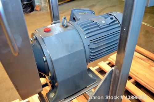 Used Aaron Process IMB-15 Ribbon Blender, 15 cubic feet capacity. Constructed of stainless steel material on all product contact areas, all external stiffeners, legs, ribs and supports. Inside trough...