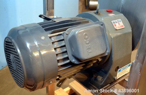 Used Aaron Process IMB-15 Ribbon Blender, 15 cubic feet capacity. Constructed of stainless steel material on all product contact areas, all external stiffeners, legs, ribs and supports. Inside trough...