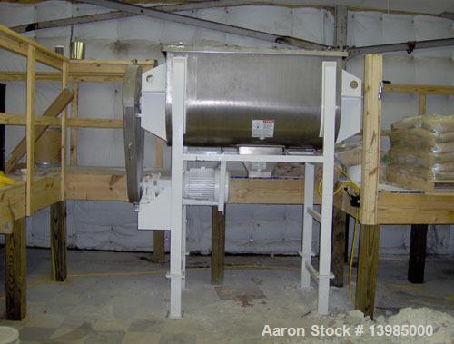 Used Aaron Process Equipment model IMB 35 double ribbon blender, 35 cubic feet. Trough constructed of stainless steel material on all product contact areas. All external stiffeners, ribs and supports...