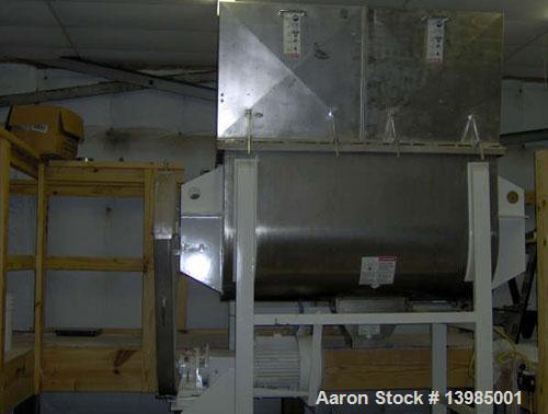 Used Aaron Process Equipment model IMB 35 double ribbon blender, 35 cubic feet. Trough constructed of stainless steel material on all product contact areas. All external stiffeners, ribs and supports...