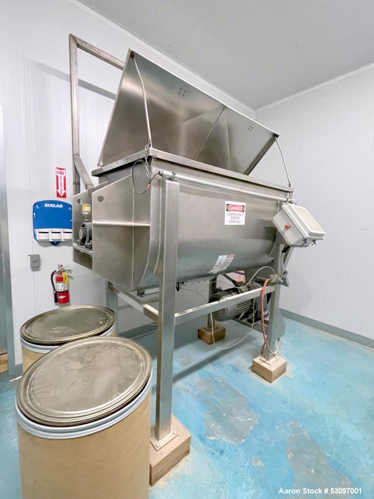 Used Aaron Process Equipment Model IMB-35. 35 Cubic Foot Ribbon Blender. Trough constructed of stainless steel material on all product contact areas. All external stiffeners, legs, ribs and supports ...
