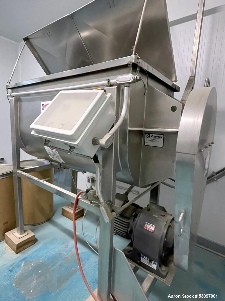 Used Aaron Process Equipment Model IMB-35. 35 Cubic Foot Ribbon Blender. Trough constructed of stainless steel material on all product contact areas. All external stiffeners, legs, ribs and supports ...