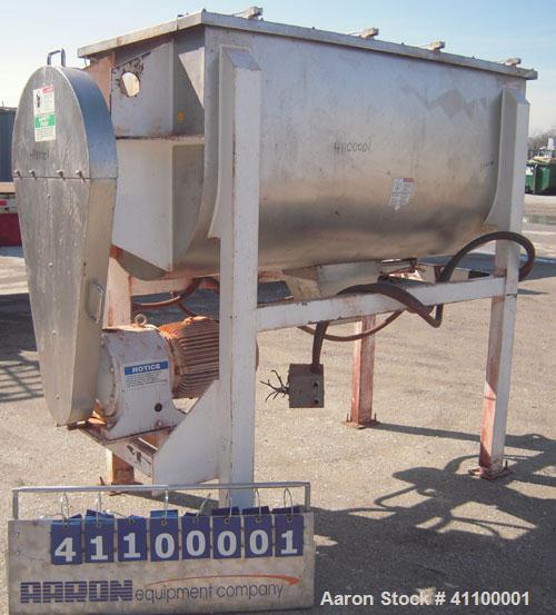 Used Aaron IMB 50, 50 Cubic Foot Working Capacity, T304 Stainless Steel Double Ribbon Blender.  Trough measures 78" long x 36" wide x 39" deep. .  4 1/2" diameter shaft.  Inner ribbon 2 1/2" wide x 5...