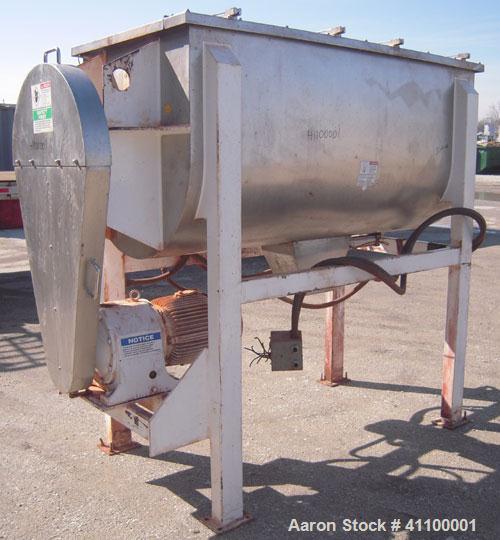 Used Aaron IMB 50, 50 Cubic Foot Working Capacity, T304 Stainless Steel Double Ribbon Blender.  Trough measures 78" long x 36" wide x 39" deep. .  4 1/2" diameter shaft.  Inner ribbon 2 1/2" wide x 5...