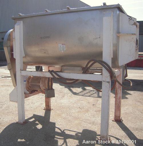 Used Aaron IMB 50, 50 Cubic Foot Working Capacity, T304 Stainless Steel Double Ribbon Blender.  Trough measures 78" long x 36" wide x 39" deep. .  4 1/2" diameter shaft.  Inner ribbon 2 1/2" wide x 5...