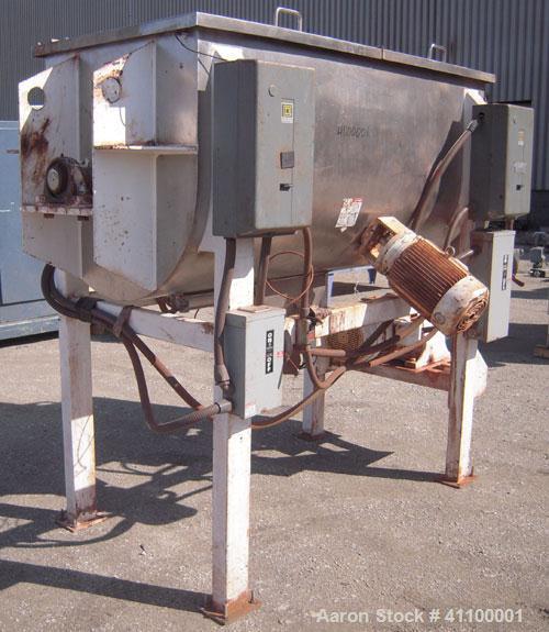 Used Aaron IMB 50, 50 Cubic Foot Working Capacity, T304 Stainless Steel Double Ribbon Blender.  Trough measures 78" long x 36" wide x 39" deep. .  4 1/2" diameter shaft.  Inner ribbon 2 1/2" wide x 5...
