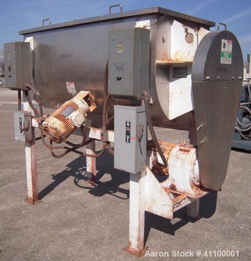 Used Aaron IMB 50, 50 Cubic Foot Working Capacity, T304 Stainless Steel Double Ribbon Blender.  Trough measures 78" long x 36" wide x 39" deep. .  4 1/2" diameter shaft.  Inner ribbon 2 1/2" wide x 5...