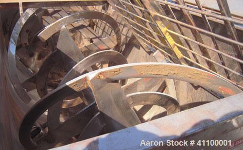 Used Aaron IMB 50, 50 Cubic Foot Working Capacity, T304 Stainless Steel Double Ribbon Blender.  Trough measures 78" long x 36" wide x 39" deep. .  4 1/2" diameter shaft.  Inner ribbon 2 1/2" wide x 5...