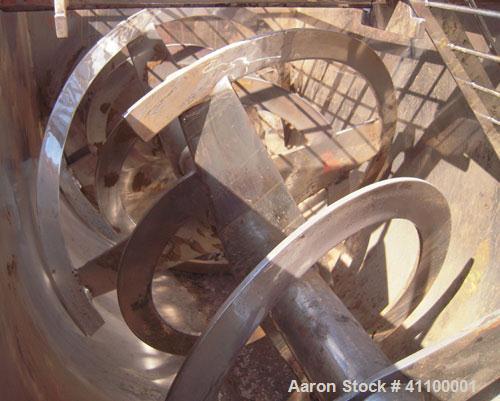 Used Aaron IMB 50, 50 Cubic Foot Working Capacity, T304 Stainless Steel Double Ribbon Blender.  Trough measures 78" long x 36" wide x 39" deep. .  4 1/2" diameter shaft.  Inner ribbon 2 1/2" wide x 5...