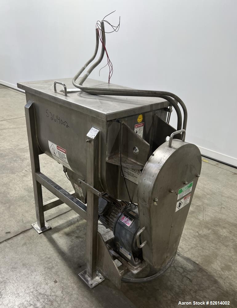 Used Aaron Process 5 Cubic Foot Double Ribbon Blender, Model IMB-5. Working Capacity: 5 Cubic Feet. Trough: Constructed of stainless steel material on all product contact areas. All external stiffene...