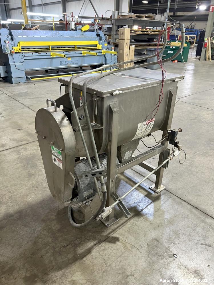 Used Aaron Process 5 Cubic Foot Double Ribbon Blender, Model IMB-5. Working Capacity: 5 Cubic Feet. Trough: Constructed of stainless steel material on all product contact areas. All external stiffene...