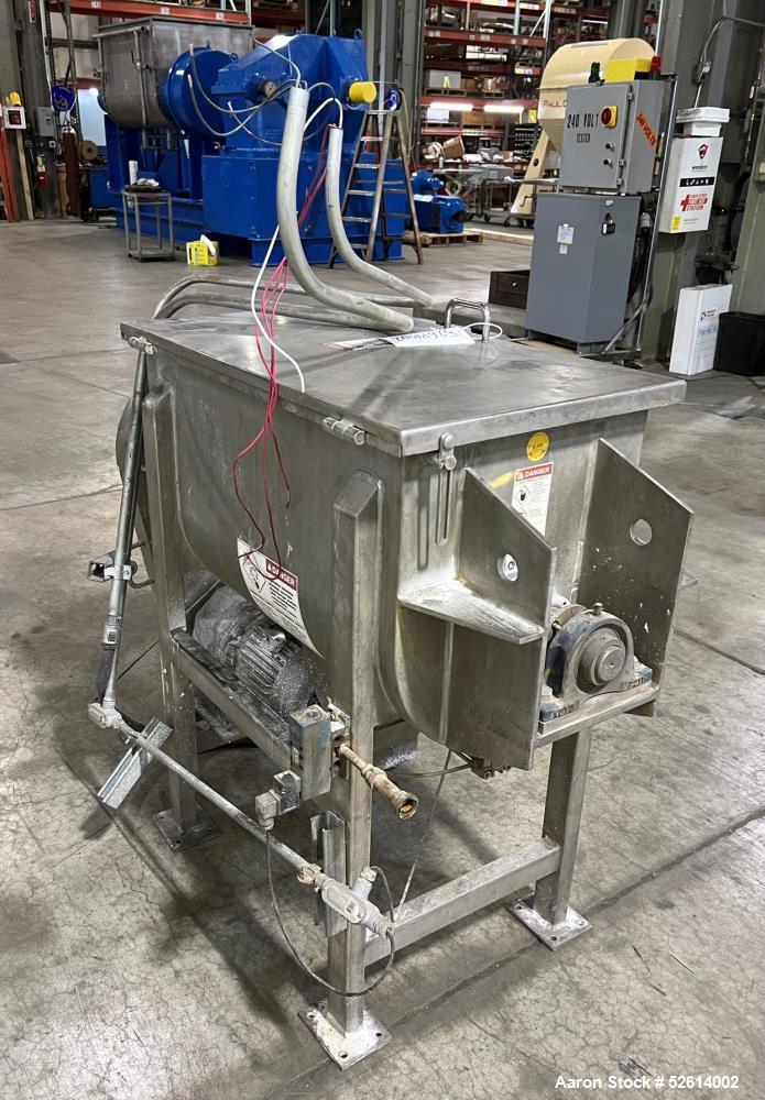 Used Aaron Process 5 Cubic Foot Double Ribbon Blender, Model IMB-5. Working Capacity: 5 Cubic Feet. Trough: Constructed of stainless steel material on all product contact areas. All external stiffene...