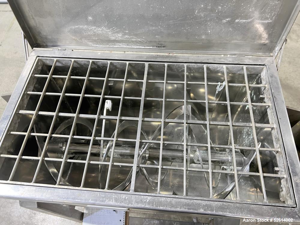 Used Aaron Process 5 Cubic Foot Double Ribbon Blender, Model IMB-5. Working Capacity: 5 Cubic Feet. Trough: Constructed of stainless steel material on all product contact areas. All external stiffene...