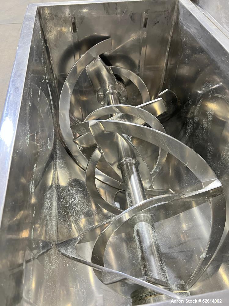 Used Aaron Process 5 Cubic Foot Double Ribbon Blender, Model IMB-5. Working Capacity: 5 Cubic Feet. Trough: Constructed of stainless steel material on all product contact areas. All external stiffene...