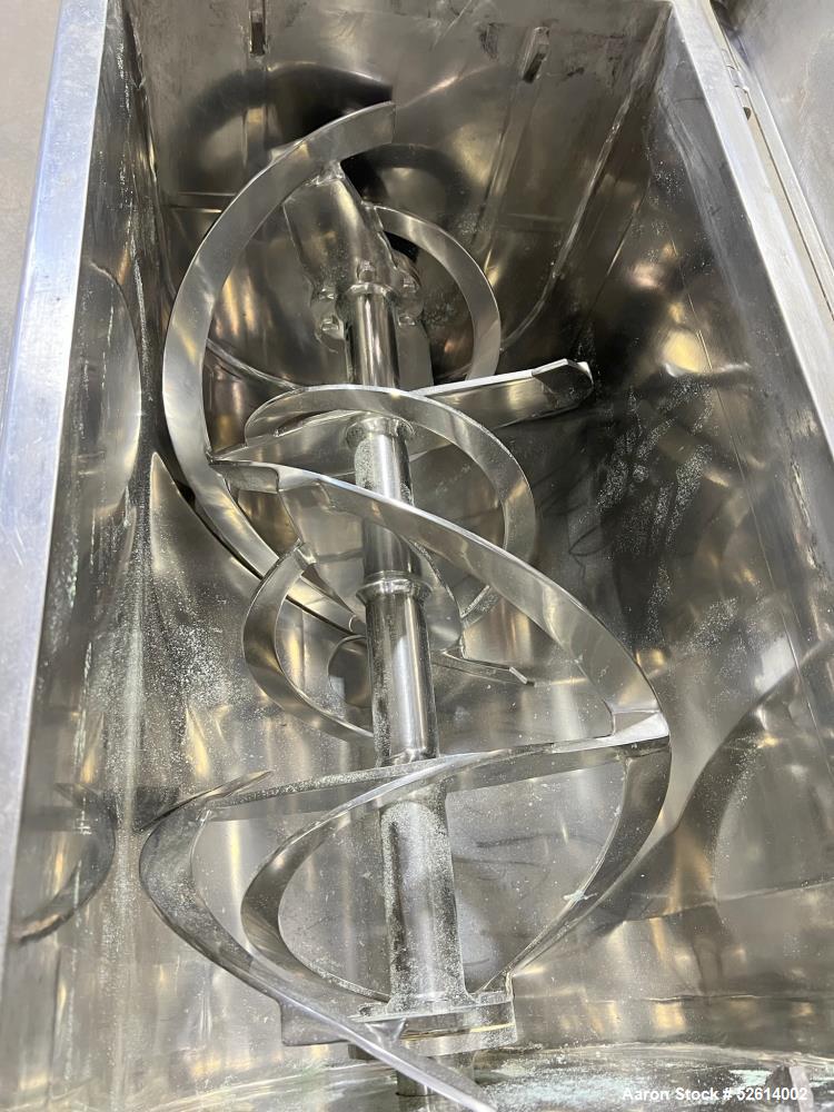 Used Aaron Process 5 Cubic Foot Double Ribbon Blender, Model IMB-5. Working Capacity: 5 Cubic Feet. Trough: Constructed of stainless steel material on all product contact areas. All external stiffene...