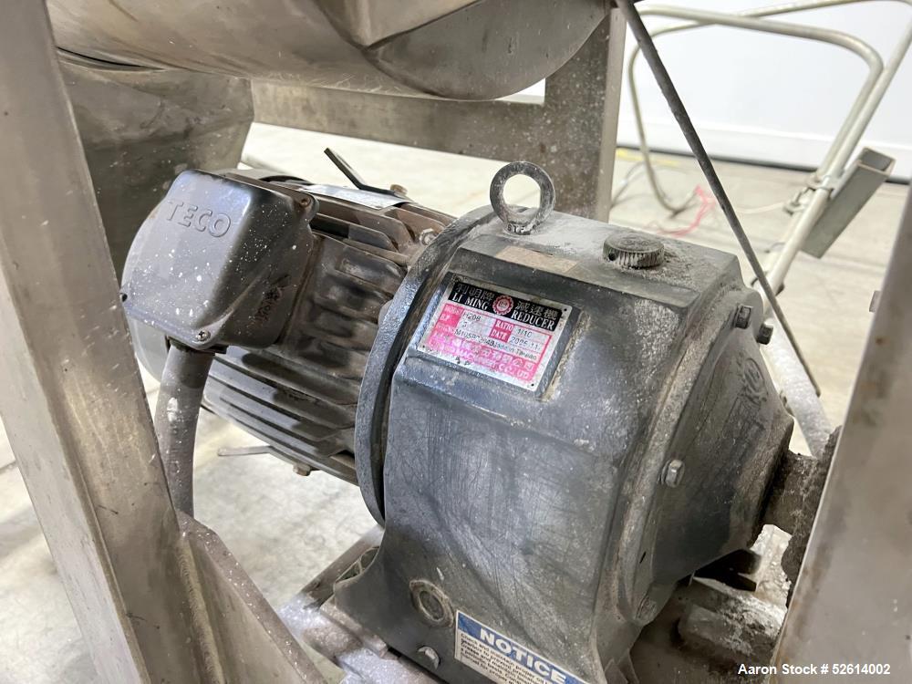 Used Aaron Process 5 Cubic Foot Double Ribbon Blender, Model IMB-5. Working Capacity: 5 Cubic Feet. Trough: Constructed of stainless steel material on all product contact areas. All external stiffene...