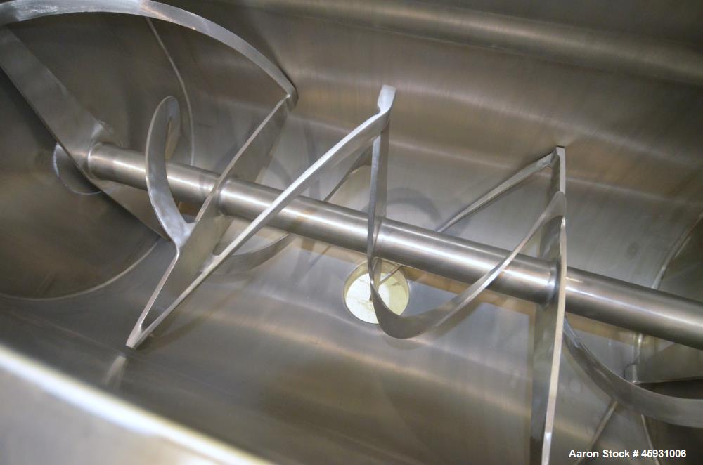 Unused- Aaron Process Double Spiral Ribbon Blender, Model NR-14, 304 Stainless Steel. Working capacity 14 cubic feet. Consisting of 24" wide x 48" long x 22" deep non-jacketed trough. Double ribbon d...