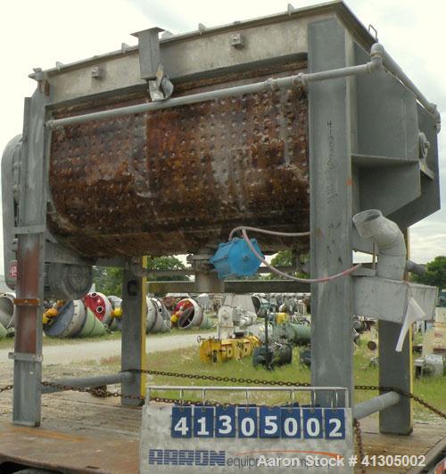 Used Aaron Process Double Spiral Ribbon Blender, 100 cubic feet working capacity (116 total), Model NR100, 304 Stainless Steel. Dimple jacketed trough 48" wide x 96" long x approx 54" deep. 8" diamet...