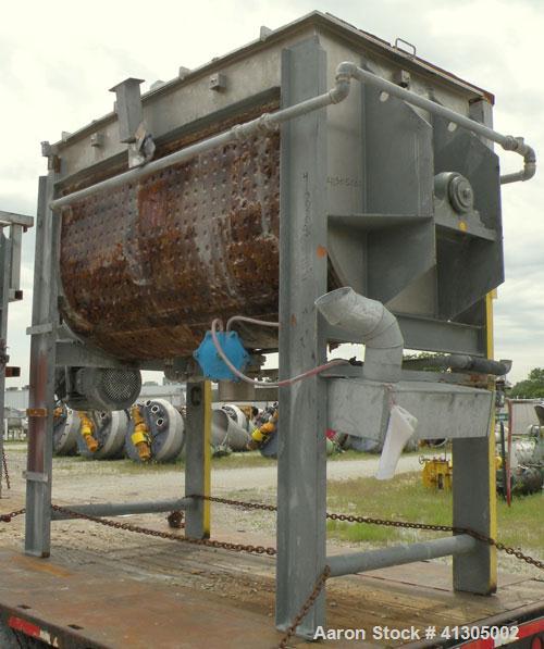 Used Aaron Process Double Spiral Ribbon Blender, 100 cubic feet working capacity (116 total), Model NR100, 304 Stainless Steel. Dimple jacketed trough 48" wide x 96" long x approx 54" deep. 8" diamet...