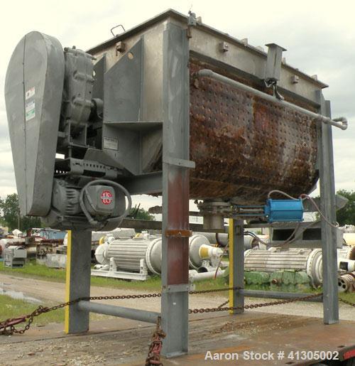 Used Aaron Process Double Spiral Ribbon Blender, 100 cubic feet working capacity (116 total), Model NR100, 304 Stainless Steel. Dimple jacketed trough 48" wide x 96" long x approx 54" deep. 8" diamet...