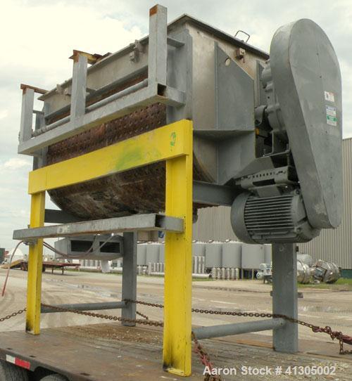 Used Aaron Process Double Spiral Ribbon Blender, 100 cubic feet working capacity (116 total), Model NR100, 304 Stainless Steel. Dimple jacketed trough 48" wide x 96" long x approx 54" deep. 8" diamet...