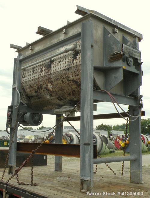 Used Aaron Process Double Spiral Ribbon Blender, 100 cubic feet working capacity (116 total), model NR100, 304 stainless steel. Dimple jacketed trough 48" wide x 96" long x approximately 54" deep. 8"...