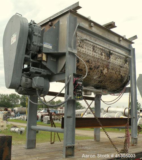 Used Aaron Process Double Spiral Ribbon Blender, 100 cubic feet working capacity (116 total), model NR100, 304 stainless steel. Dimple jacketed trough 48" wide x 96" long x approximately 54" deep. 8"...