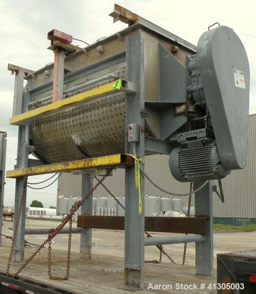 Used Aaron Process Double Spiral Ribbon Blender, 100 cubic feet working capacity (116 total), model NR100, 304 stainless steel. Dimple jacketed trough 48" wide x 96" long x approximately 54" deep. 8"...