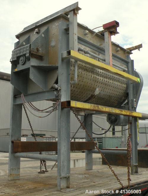 Used Aaron Process Double Spiral Ribbon Blender, 100 cubic feet working capacity (116 total), model NR100, 304 stainless steel. Dimple jacketed trough 48" wide x 96" long x approximately 54" deep. 8"...