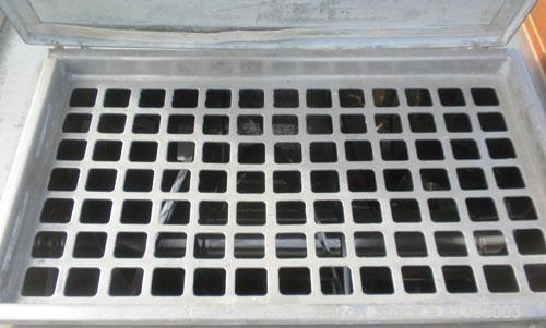 Used Aaron Process Double Spiral Ribbon Blender, 100 cubic feet working capacity (116 total), model NR100, 304 stainless steel. Dimple jacketed trough 48" wide x 96" long x approximately 54" deep. 8"...