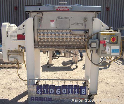 Used Aaron Process Double Spiral Ribbon Blender, 14 Cubic Feet Working Capacity, 304 Stainless Steel. Dimple jacketed trough 24" wide x 48" long  x approximately 27 1/2" deep, rated 100 psi at 350 de...