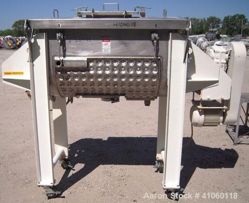 Used Aaron Process Double Spiral Ribbon Blender, 14 Cubic Feet Working Capacity, 304 Stainless Steel. Dimple jacketed trough 24" wide x 48" long  x approximately 27 1/2" deep, rated 100 psi at 350 de...
