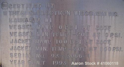 Used Aaron Process Double Spiral Ribbon Blender, 14 Cubic Feet Working Capacity, 304 Stainless Steel. Dimple jacketed trough 24" wide x 48" long  x approximately 27 1/2" deep, rated 100 psi at 350 de...